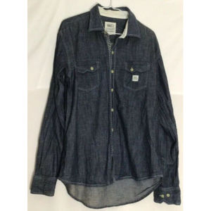 Men’s Casual Button Up Collared Chambray Denim Shirt L Blue Long Sleeve, Pockets